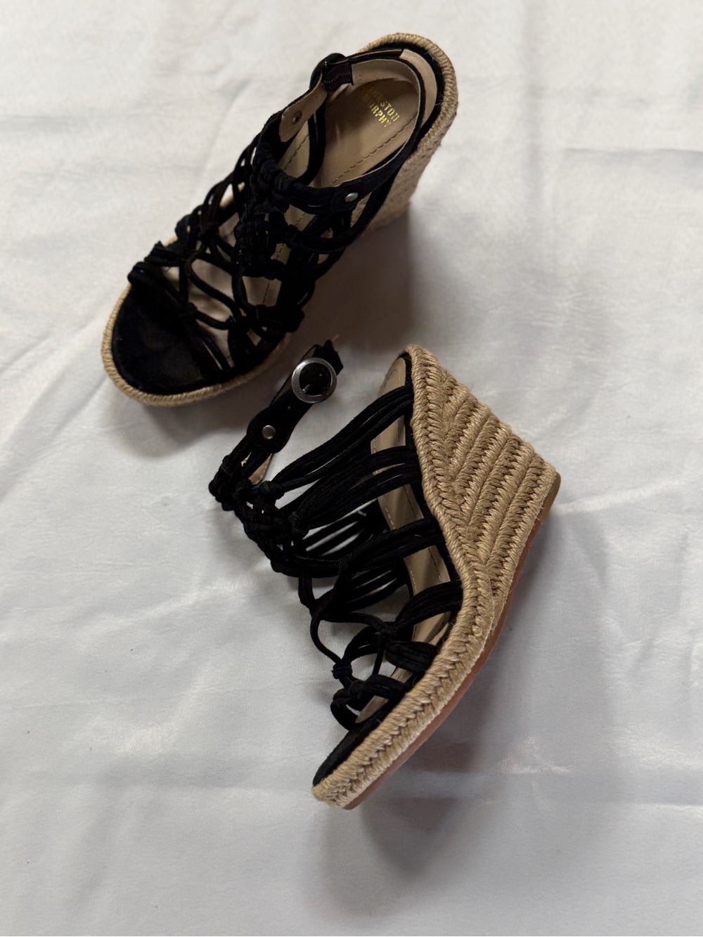 Johnston & Murphy Black Rope-Strap Espadrille Wedges